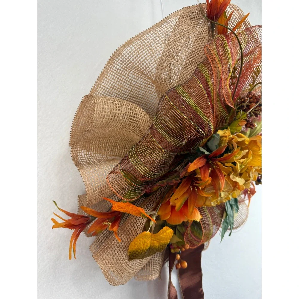 Handmade Fall Floral Wreath Burlap Deco Mesh Orange Yellow Hydrangea Decor
